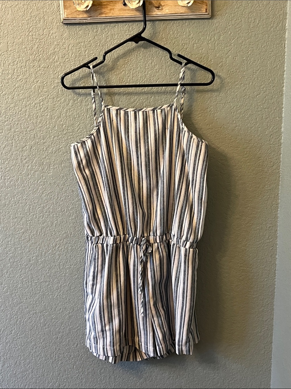 Ci Sono Striped Spaghetti Strap Linen Romper in Navy and White